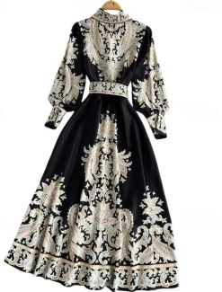 Women's Midi Dress Boho Dress Fashion Holiday Going out Weekend Regular Fit Flower Long Sleeve Shirt Collar Black Blue Apricot Summer