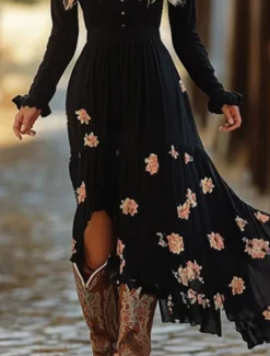 Women's Midi Dress Boho Dress Print Dress Western Dress Fashion Outdoor Vacation Weekend Regular Fit Plain Long Sleeve V Neck Black Summer
