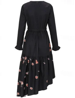 Women's Midi Dress Boho Dress Print Dress Western Dress Fashion Outdoor Vacation Weekend Regular Fit Plain Long Sleeve V Neck Black Summer