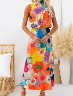 Women's Midi Dress Boho Dress Print Dress Fashion Modern Outdoor Vacation Holiday Regular Fit Flower Sleeveless Halter Neck Yellow Summer