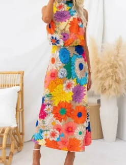 Women's Midi Dress Boho Dress Print Dress Fashion Modern Outdoor Vacation Holiday Regular Fit Flower Sleeveless Halter Neck Yellow Summer