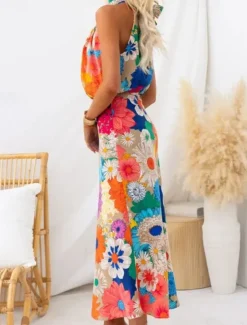 Women's Midi Dress Boho Dress Print Dress Fashion Modern Outdoor Vacation Holiday Regular Fit Flower Sleeveless Halter Neck Yellow Summer