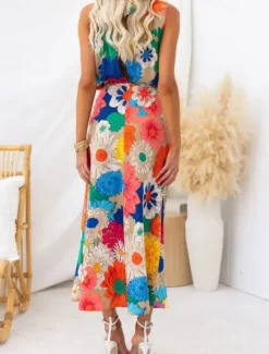 Women's Midi Dress Boho Dress Print Dress Fashion Modern Outdoor Vacation Holiday Regular Fit Flower Sleeveless Halter Neck Yellow Summer