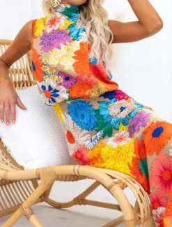 Women's Midi Dress Boho Dress Print Dress Fashion Modern Outdoor Vacation Holiday Regular Fit Flower Sleeveless Halter Neck Yellow Summer