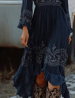 Women's Midi Dress Boho Dress Western Dress Fashion Classic Holiday Going out Weekend Regular Fit Flower Long Sleeve V Neck Dark Blue Summer