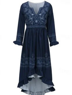 Women's Midi Dress Boho Dress Western Dress Fashion Classic Holiday Going out Weekend Regular Fit Flower Long Sleeve V Neck Dark Blue Summer