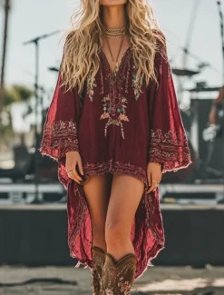 Women's Midi Dress Boho Dress Vintage Classic Vacation Daily Holiday Regular Fit Flower Long Sleeve V Neck Red Summer