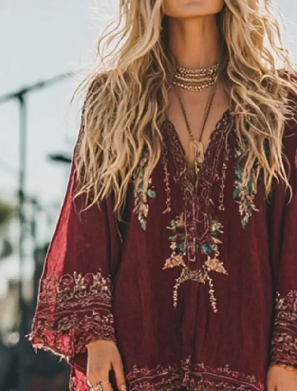 Women's Midi Dress Boho Dress Vintage Classic Vacation Daily Holiday Regular Fit Flower Long Sleeve V Neck Red Summer