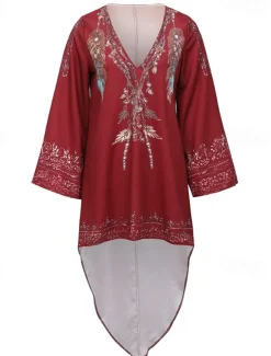 Women's Midi Dress Boho Dress Vintage Classic Vacation Daily Holiday Regular Fit Flower Long Sleeve V Neck Red Summer