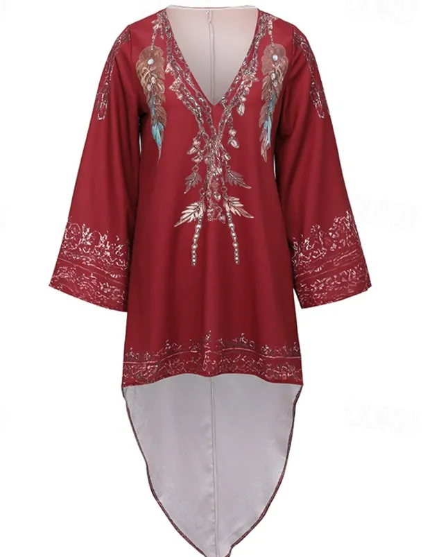 Women's Midi Dress Boho Dress Vintage Classic Vacation Daily Holiday Regular Fit Flower Long Sleeve V Neck Red Summer