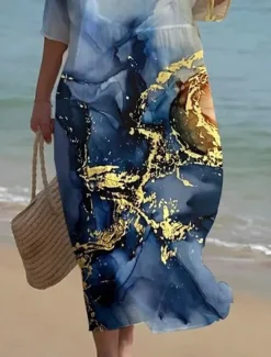 Women's Midi Dress Boho Neck Crew 3/4 Length SleeveBlue Shift Dress A Line Dress Casual Daily Date Loose Fit Floral Graphic