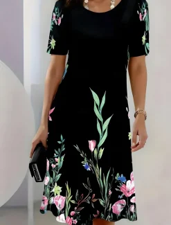 Women's Midi Dress Casual Dress T Shirt Dress Tee Dress Sundress Summer Dress Elegant Bohemia Vacation Vacation Holiday Date Loose Fit Floral Short Sleeve Crew Neck Black Summer