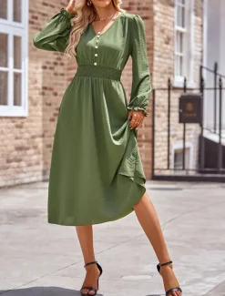 Women's Midi Dress Casual Dress A Line Dress Stylish Basic Casual Vacation Daily Regular Fit Plain Long Sleeve V Neck Black Army Green Summer Spring