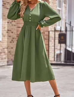 Women's Midi Dress Casual Dress A Line Dress Stylish Basic Casual Vacation Daily Regular Fit Plain Long Sleeve V Neck Black Army Green Summer Spring
