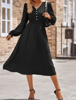 Women's Midi Dress Casual Dress A Line Dress Stylish Basic Casual Vacation Daily Regular Fit Plain Long Sleeve V Neck Black Army Green Summer Spring