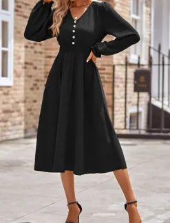 Women's Midi Dress Casual Dress A Line Dress Stylish Basic Casual Vacation Daily Regular Fit Plain Long Sleeve V Neck Black Army Green Summer Spring