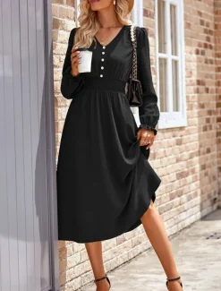 Women's Midi Dress Casual Dress A Line Dress Stylish Basic Casual Vacation Daily Regular Fit Plain Long Sleeve V Neck Black Army Green Summer Spring