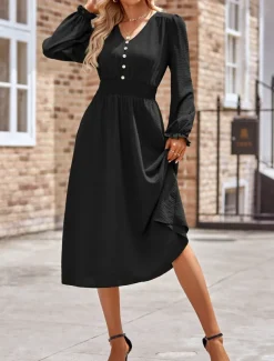 Women's Midi Dress Casual Dress A Line Dress Stylish Basic Casual Vacation Daily Regular Fit Plain Long Sleeve V Neck Black Army Green Summer Spring