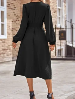 Women's Midi Dress Casual Dress A Line Dress Stylish Basic Casual Vacation Daily Regular Fit Plain Long Sleeve V Neck Black Army Green Summer Spring