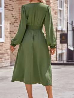 Women's Midi Dress Casual Dress A Line Dress Stylish Basic Casual Vacation Daily Regular Fit Plain Long Sleeve V Neck Black Army Green Summer Spring