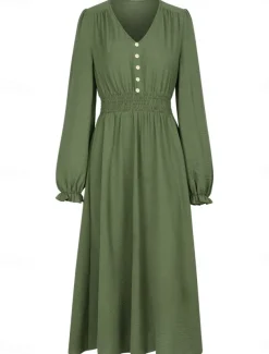 Women's Midi Dress Casual Dress A Line Dress Stylish Basic Casual Vacation Daily Regular Fit Plain Long Sleeve V Neck Black Army Green Summer Spring