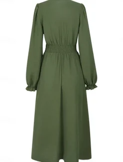Women's Midi Dress Casual Dress A Line Dress Stylish Basic Casual Vacation Daily Regular Fit Plain Long Sleeve V Neck Black Army Green Summer Spring