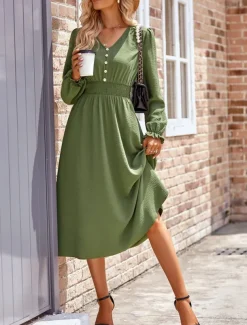 Women's Midi Dress Casual Dress A Line Dress Stylish Basic Casual Vacation Daily Regular Fit Plain Long Sleeve V Neck Black Army Green Summer Spring