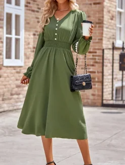 Women's Midi Dress Casual Dress A Line Dress Stylish Basic Casual Vacation Daily Regular Fit Plain Long Sleeve V Neck Black Army Green Summer Spring