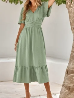 Women's Midi Dress Casual Dress Swing Dress A Line Dress Stylish Basic Casual Vacation Daily Regular Fit Plain Short Sleeve V Neck Light Green Red Summer Spring