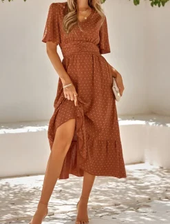 Women's Midi Dress Casual Dress Swing Dress A Line Dress Stylish Basic Casual Vacation Daily Regular Fit Plain Short Sleeve V Neck Light Green Red Summer Spring