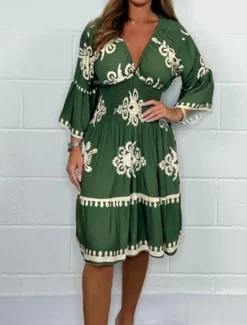 Women's Midi Dress Casual Dress Boho Chic Dresses Boho Dress Bohemia Casual Boho Vacation Daily Beach Loose Fit Graphic Long Sleeve V Neck Black Red Green Apricot Summer Spring