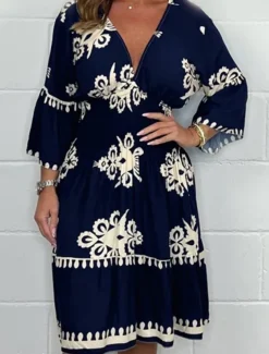 Women's Midi Dress Casual Dress Boho Chic Dresses Boho Dress Bohemia Casual Boho Vacation Daily Beach Loose Fit Graphic Long Sleeve V Neck Black Red Green Apricot Summer Spring