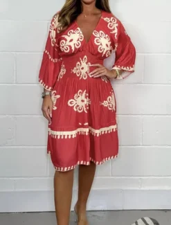 Women's Midi Dress Casual Dress Boho Chic Dresses Boho Dress Bohemia Casual Boho Vacation Daily Beach Loose Fit Graphic Long Sleeve V Neck Black Red Green Apricot Summer Spring