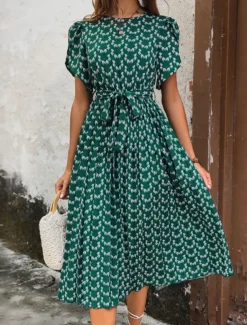 Women's Midi Dress Casual Dress A Line Dress Stylish Casual Vacation Daily Regular Fit Floral Short Sleeve V Neck Dark Green Summer