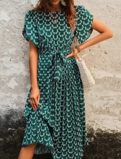 Women's Midi Dress Casual Dress A Line Dress Stylish Casual Vacation Daily Regular Fit Floral Short Sleeve V Neck Dark Green Summer