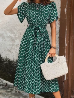 Women's Midi Dress Casual Dress A Line Dress Stylish Casual Vacation Daily Regular Fit Floral Short Sleeve V Neck Dark Green Summer