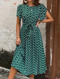 Women's Midi Dress Casual Dress A Line Dress Stylish Casual Vacation Daily Regular Fit Floral Short Sleeve V Neck Dark Green Summer
