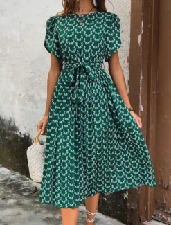 Women's Midi Dress Casual Dress A Line Dress Stylish Casual Vacation Daily Regular Fit Floral Short Sleeve V Neck Dark Green Summer