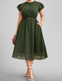 Women's Midi Dress Casual Dress A Line Dress Basic Casual Vacation Daily Regular Fit Plain Short Sleeve Crew Neck Army Green Summer