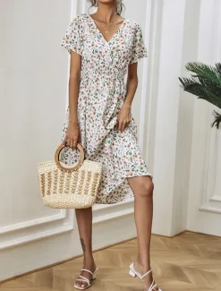 Women's Midi Dress Casual Dress A Line Dress Stylish Casual Vacation Daily Regular Fit Floral Short Sleeve V Neck White Pink Summer