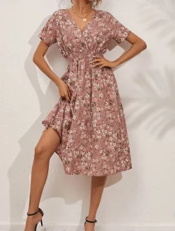 Women's Midi Dress Casual Dress A Line Dress Stylish Casual Vacation Daily Regular Fit Floral Short Sleeve V Neck White Pink Summer