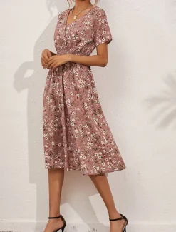 Women's Midi Dress Casual Dress A Line Dress Stylish Casual Vacation Daily Regular Fit Floral Short Sleeve V Neck White Pink Summer