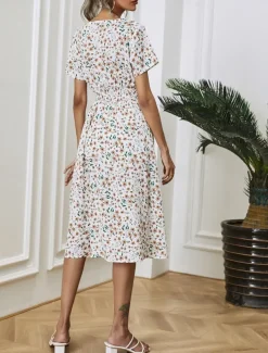 Women's Midi Dress Casual Dress A Line Dress Stylish Casual Vacation Daily Regular Fit Floral Short Sleeve V Neck White Pink Summer