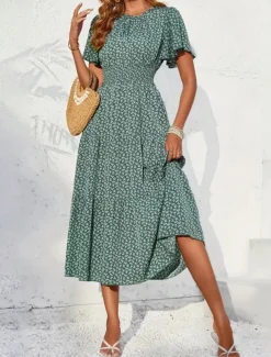 Women's Midi Dress Casual Dress Swing Dress A Line Dress Stylish Casual Vacation Daily Regular Fit Floral Short Sleeve V Neck Green Summer