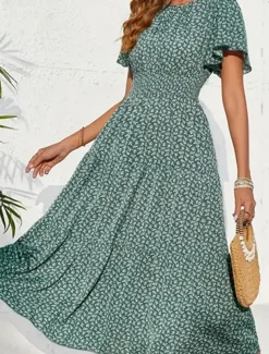 Women's Midi Dress Casual Dress Swing Dress A Line Dress Stylish Casual Vacation Daily Regular Fit Floral Short Sleeve V Neck Green Summer