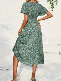 Women's Midi Dress Casual Dress Swing Dress A Line Dress Stylish Casual Vacation Daily Regular Fit Floral Short Sleeve V Neck Green Summer