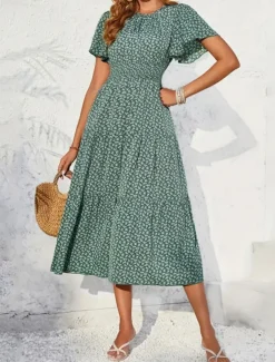 Women's Midi Dress Casual Dress Swing Dress A Line Dress Stylish Casual Vacation Daily Regular Fit Floral Short Sleeve V Neck Green Summer
