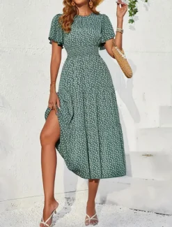 Women's Midi Dress Casual Dress Swing Dress A Line Dress Stylish Casual Vacation Daily Regular Fit Floral Short Sleeve V Neck Green Summer