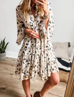 Women's Midi Dress Casual Dress A Line Dress Stylish Casual Vacation Daily Regular Fit Leopard Long Sleeve V Neck Pink Blue Apricot Summer