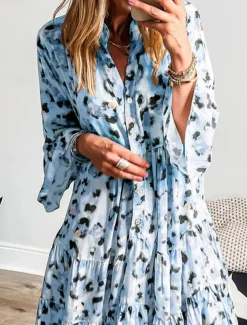 Women's Midi Dress Casual Dress A Line Dress Stylish Casual Vacation Daily Regular Fit Leopard Long Sleeve V Neck Pink Blue Apricot Summer